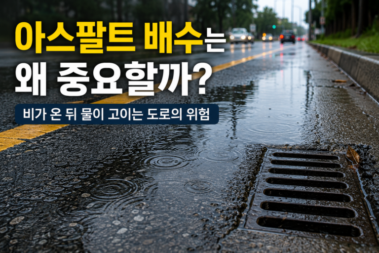 아스팔트 배수는 왜 중요할까? 비가 온 뒤 물이 고이는 도로의 위험 3 아스팔트 배수 불량으로 비가 온 뒤 도로 표면에 물이 고인 모습