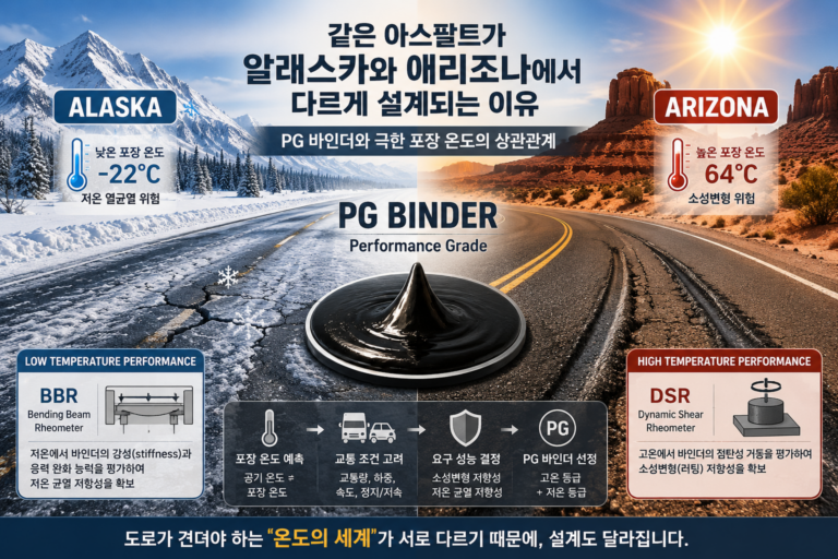같은 아스팔트가 알래스카와 애리조나에서 다르게 설계되는 이유 — PG 바인더와 극한 포장 온도의 상관관계 2 PG 바인더