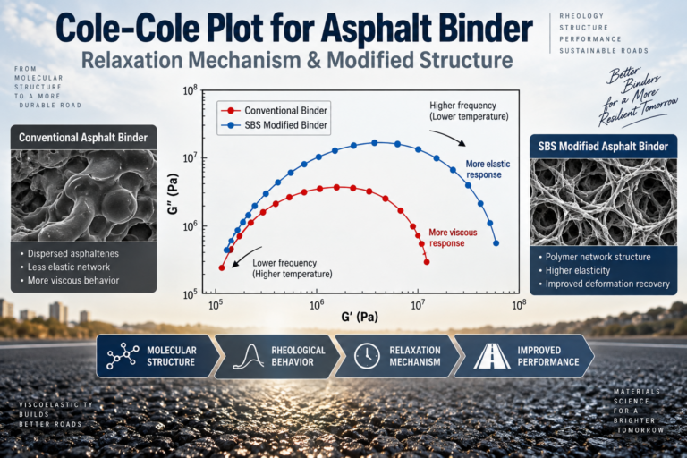 Cole-Cole Plot Asphalt 분석 — 유변학적 스펙트럼과 Relaxation Mechanism으로 개질구조 읽기 1 Cole-Cole plot asphalt binder showing conventional and SBS modified binder rheological behavior