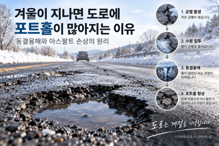 겨울이 지나면 도로에 포트홀이 많아지는 이유 — 동결융해와 아스팔트 손상의 원리 9 겨울철 포트홀과 동결융해로 인한 아스팔트 도로 손상