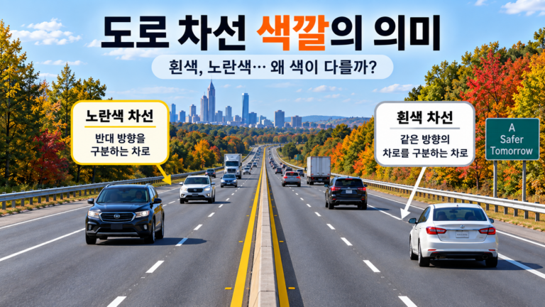 미국 도로의 노란선과 흰선은 무엇이 다를까? 차선 색깔의 의미 4 도로 차선 색깔의 의미를 설명하는 흰색과 노란색 차선 이미지