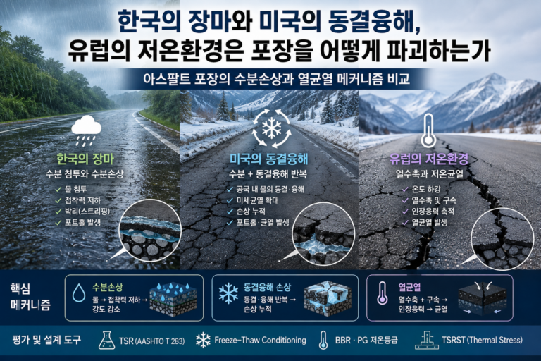 한국의 장마와 미국의 동결융해, 유럽의 저온 환경은 포장을 어떻게 파괴하는가 — 아스팔트 포장의 수분손상과 열균열 메커니즘 비교 1 한국의 장마와 미국의 동결융해, 유럽의 저온 환경에 따른 아스팔트 포장 손상 비교