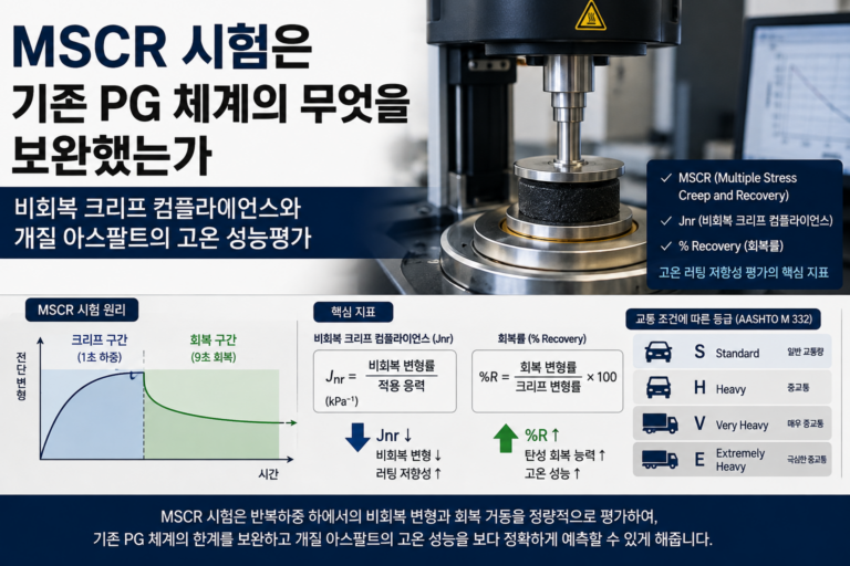 MSCR 시험은 기존 PG 체계의 무엇을 보완했는가 — 비회복 크리프 컴플라이언스와 개질 아스팔트의 고온 성능평가 8 MSCR 시험을 이용한 아스팔트 바인더 고온 성능평가