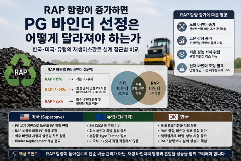 RAP 함량이 증가하면 PG 바인더 선정은 어떻게 달라져야 하는가 — 한국·미국·유럽의 재생아스팔트 설계 접근법 비교 7 RAP 함량 증가에 따른 PG 바인더 선정과 재생아스팔트 설계