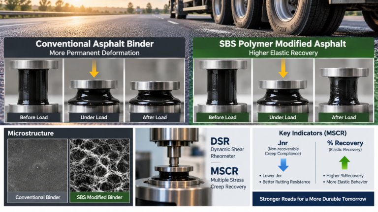 Polymer Modified Asphalt는 왜 일반 바인더보다 소성변형에 강한가 — SBS 개질, 탄성회복과 DSR·MSCR 분석 2 Polymer Modified Asphalt와 일반 아스팔트 바인더의 탄성회복 및 소성변형 저항성 비교